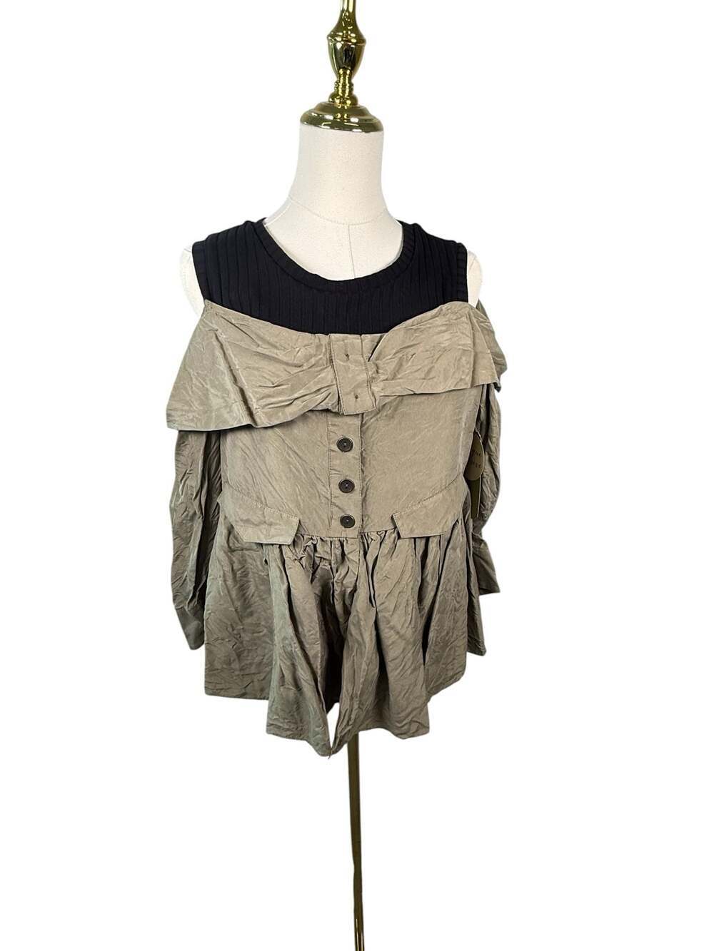 Artelier Nicole Miller Size M Olive Green Cold Shoulder Peplum Blouse